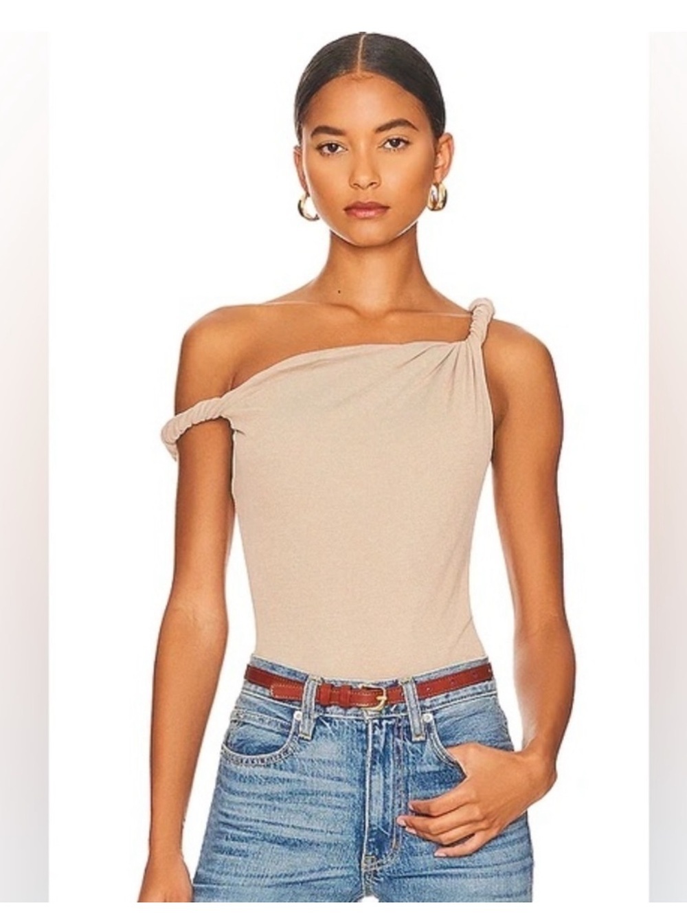ATOIR tangled bodysuit sand beige ribbed modal off shoulder asymmetrical top